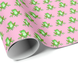 Papier Cadeau grenouilles vertes sur rose