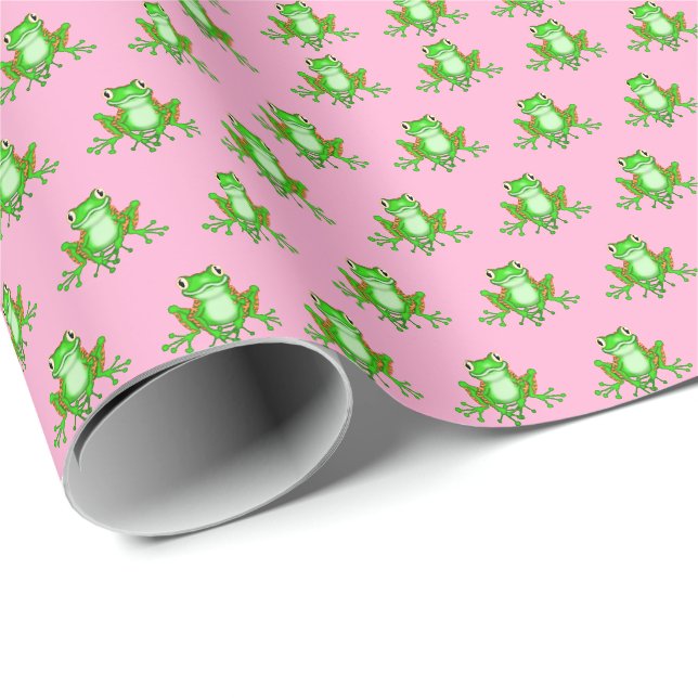 Papier Cadeau grenouilles vertes sur rose (Coin rond)