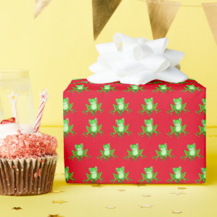 Papier Cadeau grenouilles vertes sur rouge