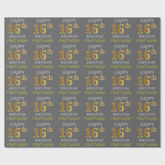 Papier Cadeau Grey, Faux Gold "HAPPY 16th BIRTHDAY" (Plat)