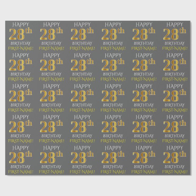 Papier Cadeau Grey, Faux Gold "HAPPY 28th BIRTHDAY" (Plat)