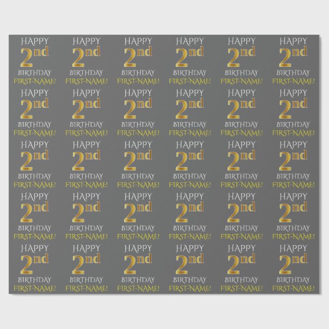 Papier Cadeau Grey, Faux Gold "HAPPY 2nd BIRTHDAY" (Plat)