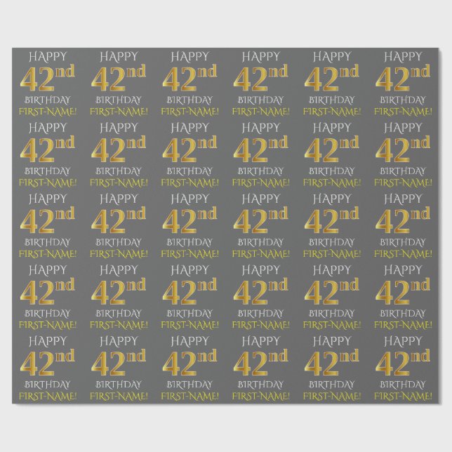 Papier Cadeau Grey, Faux Gold "HAPPY 42nd BIRTHDAY" (Plat)