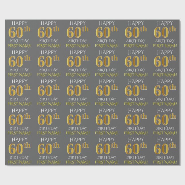 Papier Cadeau Grey, Faux Gold "HAPPY 60th BIRTHDAY" (Plat)