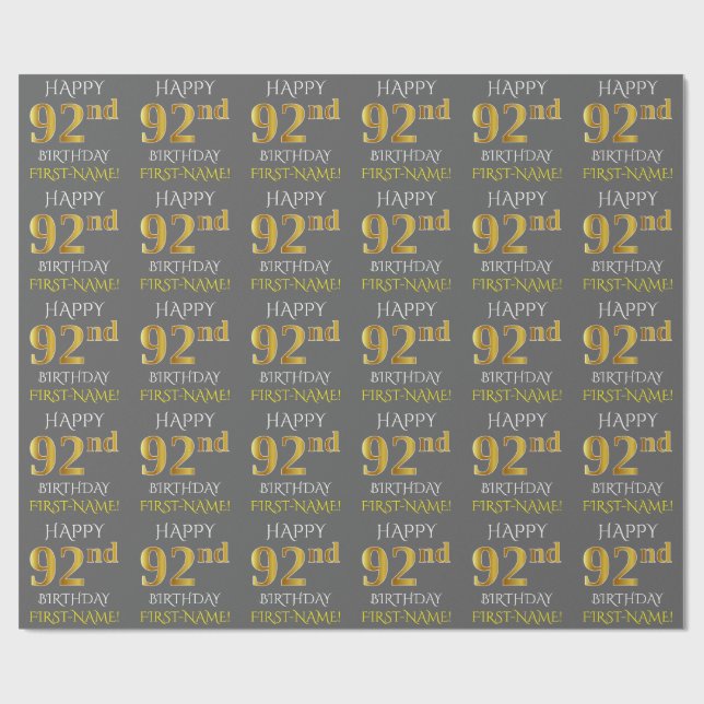 Papier Cadeau Grey, Faux Gold "HAPPY 92nd BIRTHDAY" (Plat)