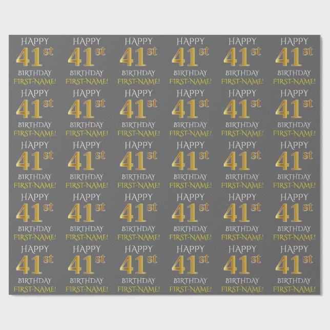 Papier Cadeau Grey, Faux Gold "HEUREUX 41e ANNIVERSAIRE" (Plat)