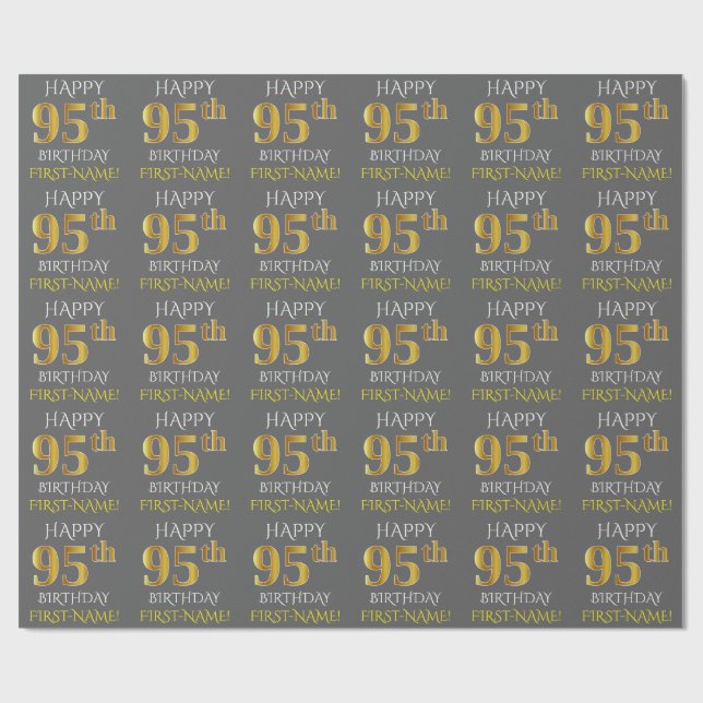 Papier Cadeau Grey, Faux Gold "HEUREUX 95e anniversaire" (Plat)
