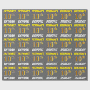 Papier Cadeau Grey, Faux/Imitation Gold, "10e ANNIVERSAIRE"