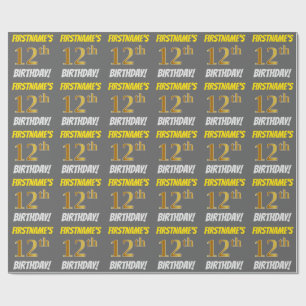 Papier Cadeau Grey, Faux/Imitation Gold, "12e anniversaire"