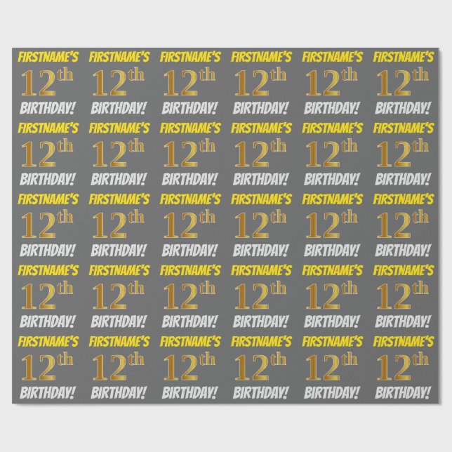 Papier Cadeau Grey, Faux/Imitation Gold, "12e anniversaire" (Plat)