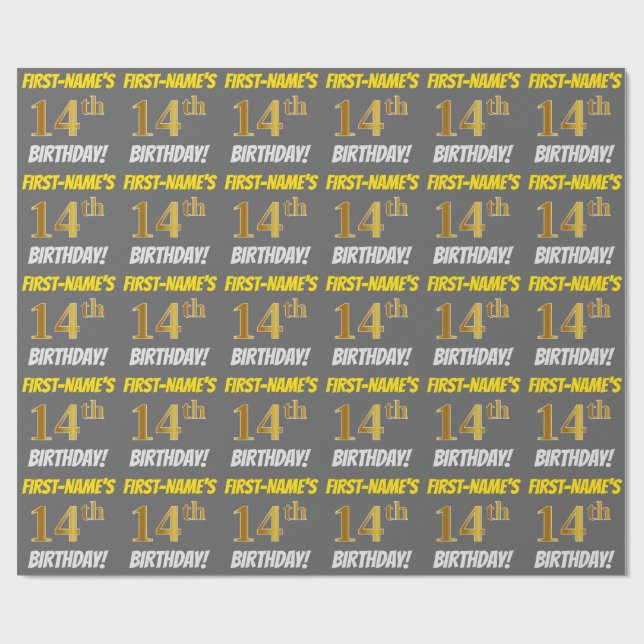 Papier Cadeau Grey, Faux/Imitation Gold, "14e anniversaire" (Plat)