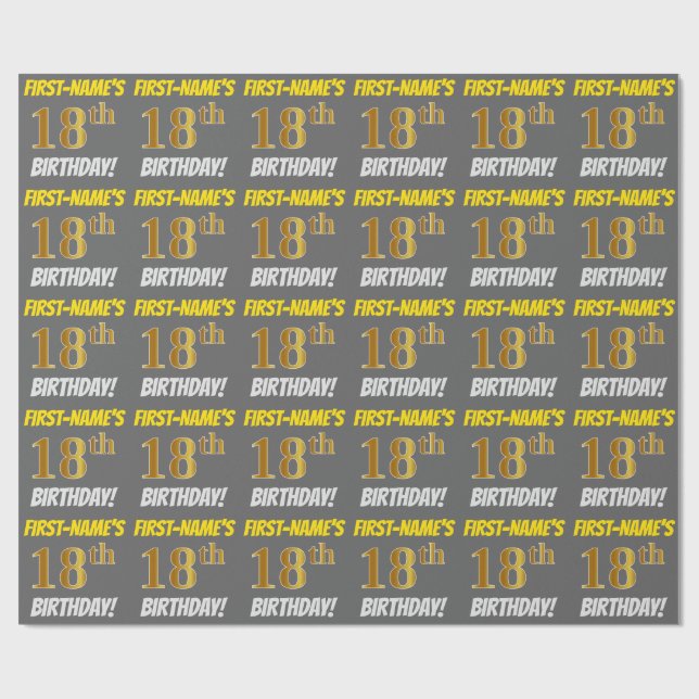 Papier Cadeau Grey, Faux/Imitation Gold, "18e ANNIVERSAIRE" (Plat)