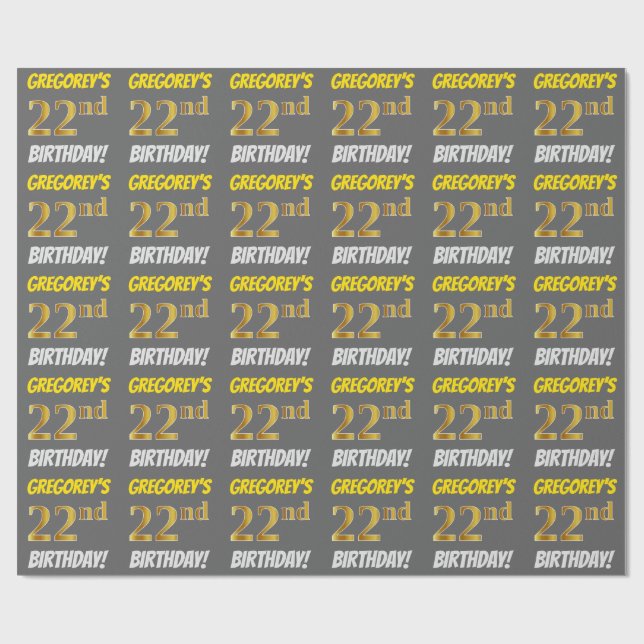 Papier Cadeau Grey, Faux/Imitation Gold, "22e ANNIVERSAIRE" (Plat)
