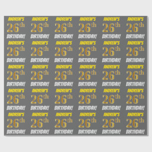 Papier Cadeau Grey, Faux/Imitation Gold, "26e ANNIVERSAIRE"