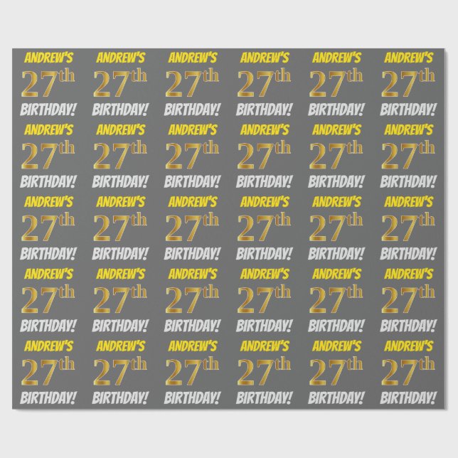 Papier Cadeau Grey, Faux/Imitation Gold, "27e ANNIVERSAIRE" (Plat)