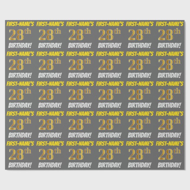Papier Cadeau Grey, Faux/Imitation Gold, "28e ANNIVERSAIRE" (Plat)