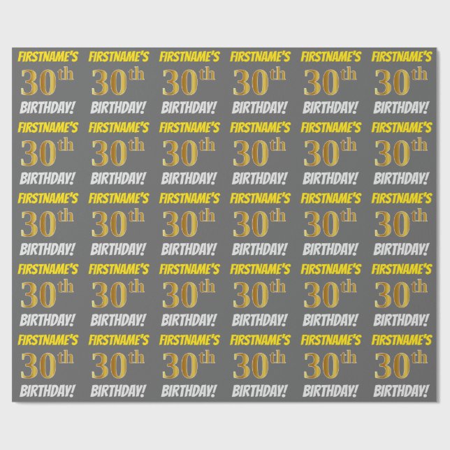 Papier Cadeau Grey, Faux/Imitation Gold, "30e ANNIVERSAIRE" (Plat)