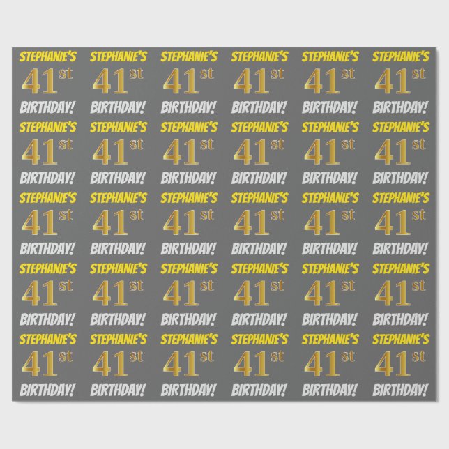 Papier Cadeau Grey, Faux/Imitation Gold, "41e ANNIVERSAIRE" (Plat)