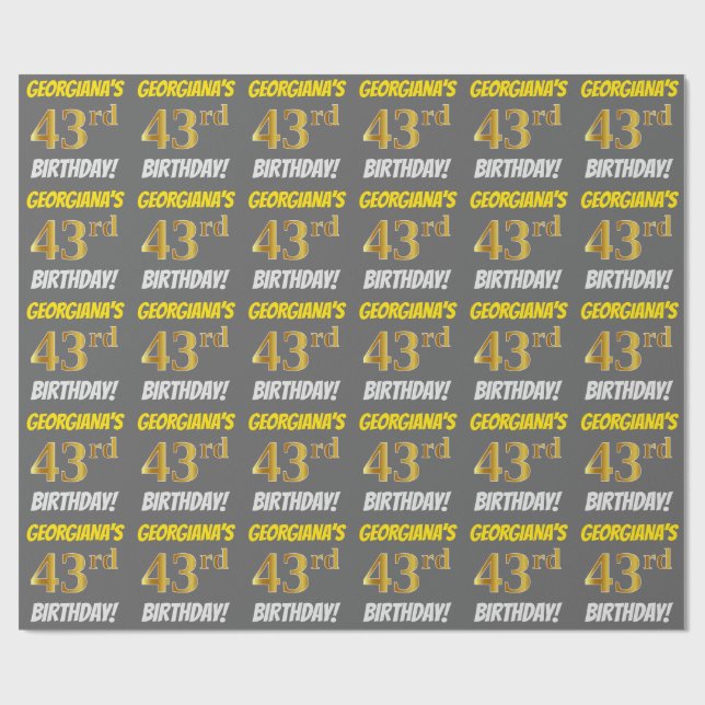 Papier Cadeau Grey, Faux/Imitation Gold, "43e anniversaire" (Plat)
