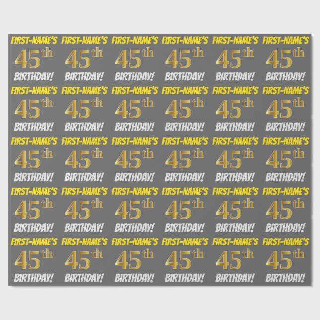 Papier Cadeau Grey, Faux/Imitation Gold, "45e anniversaire" (Plat)