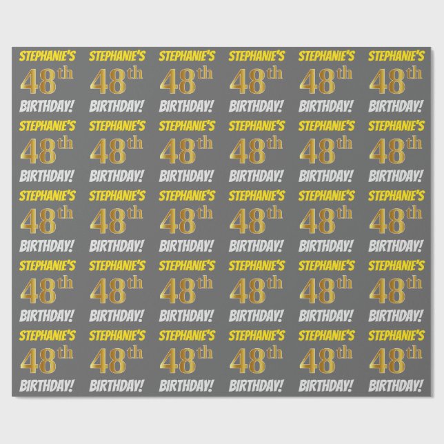 Papier Cadeau Grey, Faux/Imitation Gold, "48e ANNIVERSAIRE" (Plat)