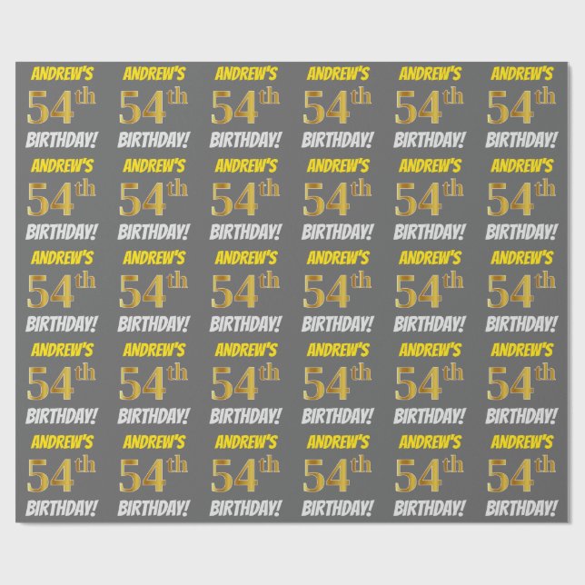 Papier Cadeau Grey, Faux/Imitation Gold, "54e anniversaire" (Plat)