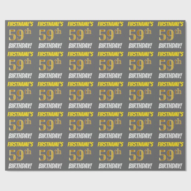 Papier Cadeau Grey, Faux/Imitation Gold, "59e ANNIVERSAIRE" (Plat)
