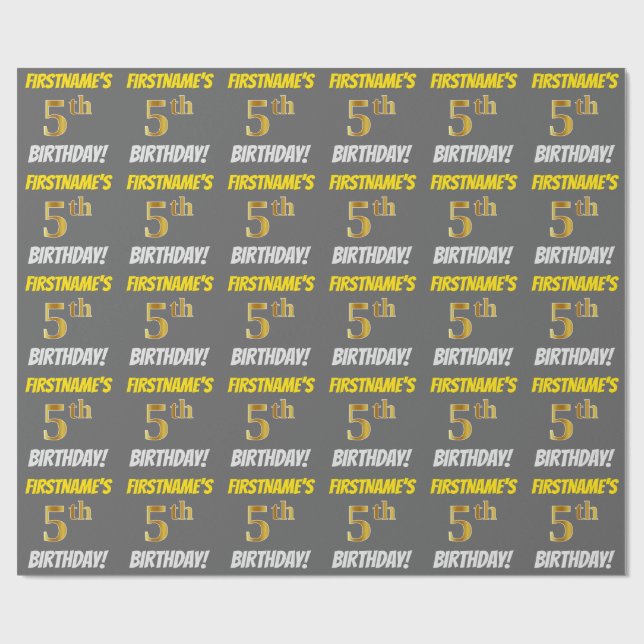 Papier Cadeau Grey, Faux/Imitation Gold, "5e anniversaire" (Plat)