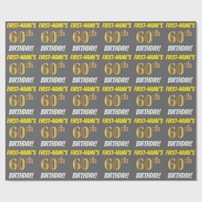Papier Cadeau Grey, Faux/Imitation Gold, "60e ANNIVERSAIRE" (Plat)
