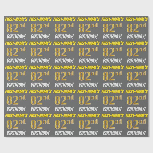 Papier Cadeau Grey, Faux/Imitation Gold, "82e ANNIVERSAIRE" (Plat)