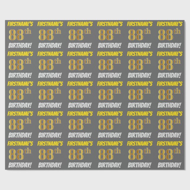 Papier Cadeau Grey, Faux/Imitation Gold, "88e ANNIVERSAIRE" (Plat)