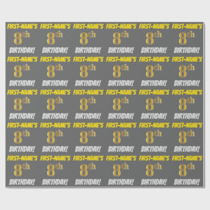 Papier Cadeau Grey, Faux/Imitation Gold, "8e anniversaire"