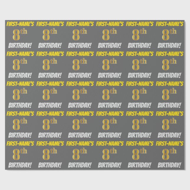 Papier Cadeau Grey, Faux/Imitation Gold, "8e anniversaire" (Plat)
