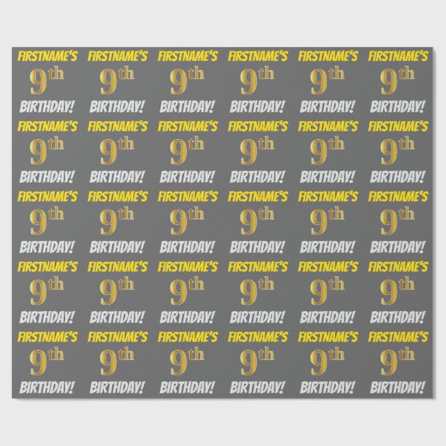 Papier Cadeau Grey, Faux/Imitation Gold, "9e anniversaire" (Plat)