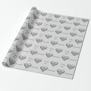 Papier Cadeau Grey Hearts & Custom I Love You Text With Any Name