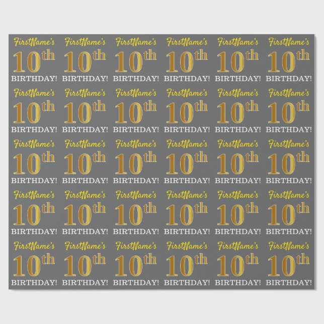 Papier Cadeau Grey, Imitation Gold Look "10e anniversaire" (Plat)