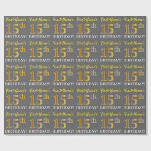 Papier Cadeau Grey, Imitation Gold Look "15e anniversaire"