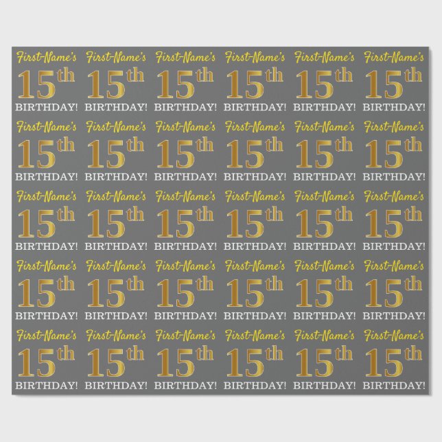 Papier Cadeau Grey, Imitation Gold Look "15e anniversaire" (Plat)