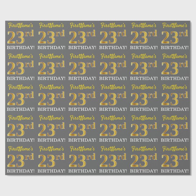 Papier Cadeau Grey, Imitation Gold Look "23ème anniversaire" (Plat)