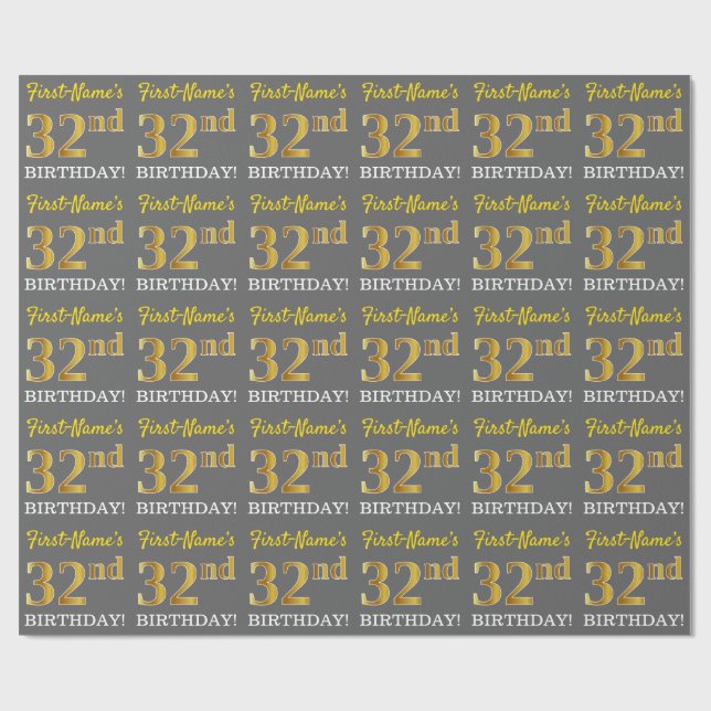 Papier Cadeau Grey, Imitation Gold Look "32e anniversaire" (Plat)