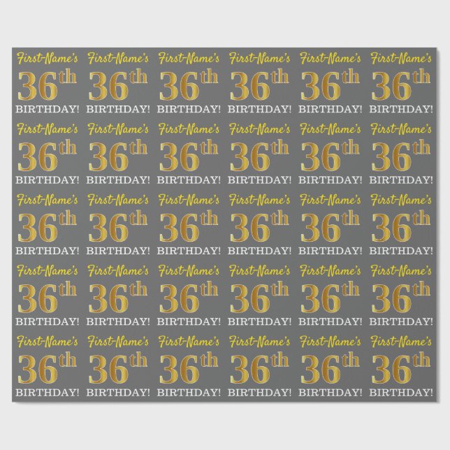 Papier Cadeau Grey, Imitation Gold Look "36e anniversaire" (Plat)