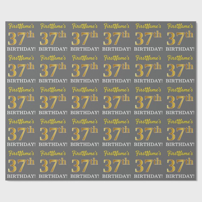 Papier Cadeau Grey, Imitation Gold Look "37e anniversaire" (Plat)