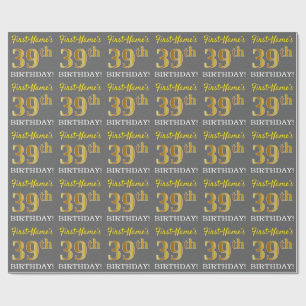 Papier Cadeau Grey, Imitation Gold Look "39e anniversaire"