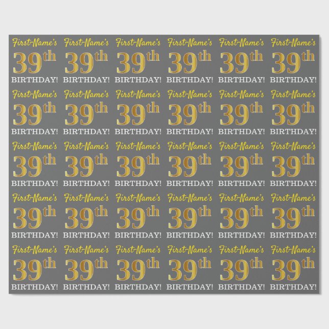 Papier Cadeau Grey, Imitation Gold Look "39e anniversaire" (Plat)