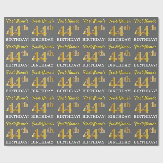 Papier Cadeau Grey, Imitation Gold Look "44e anniversaire" (Plat)