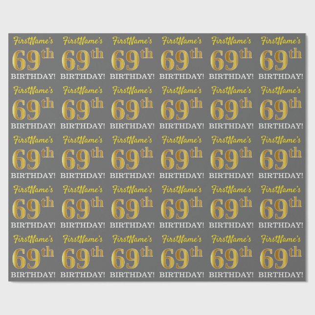 Papier Cadeau Grey, Imitation Gold Look "69e anniversaire" (Plat)