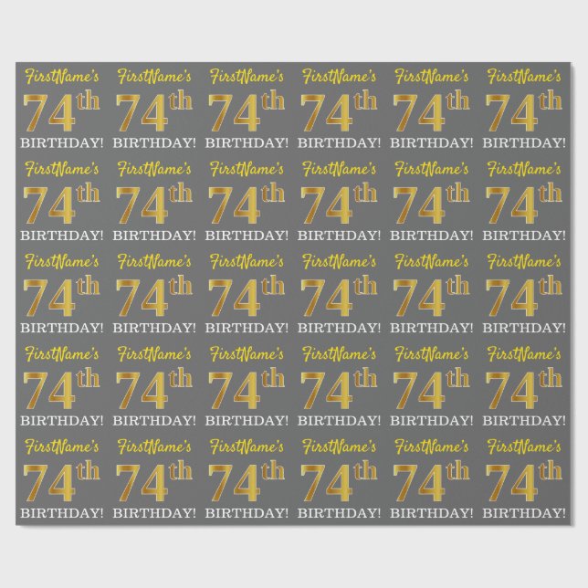 Papier Cadeau Grey, Imitation Gold Look "74e anniversaire" (Plat)