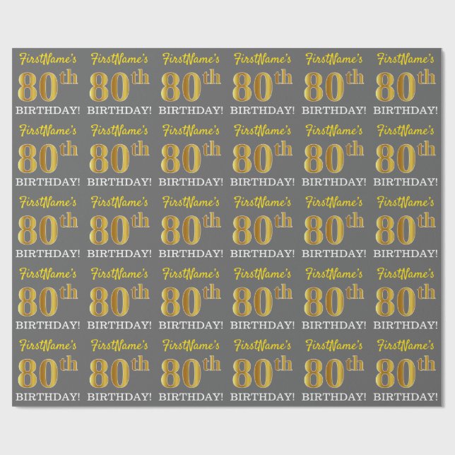 Papier Cadeau Grey, Imitation Gold Look "80e anniversaire" (Plat)