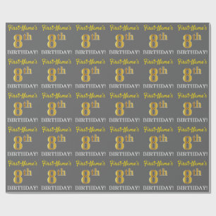 Papier Cadeau Grey, Imitation Gold Look "8e anniversaire"