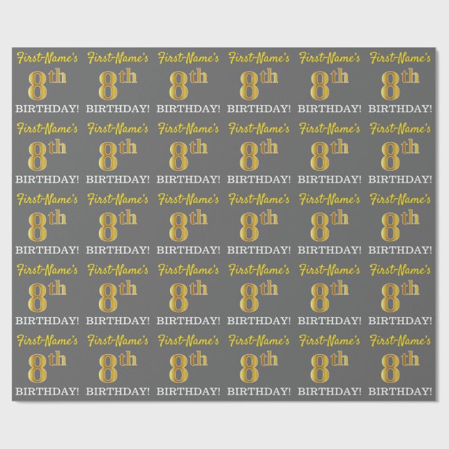 Papier Cadeau Grey, Imitation Gold Look "8e anniversaire" (Plat)